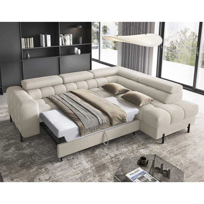 Elisa - Canapé d'angle convertible droit 5 places tissu bouclette beige - Vue supplémentaire 1