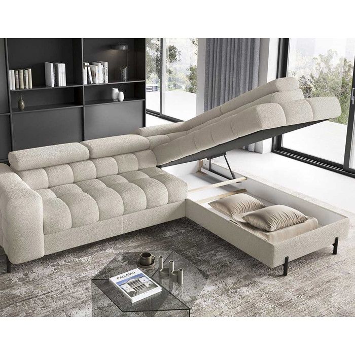 Elisa - Canapé d'angle convertible droit 5 places tissu bouclette beige - Vue supplémentaire 2