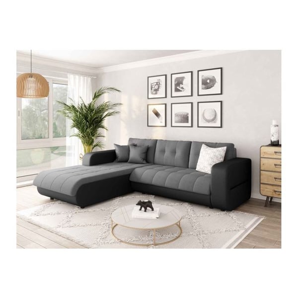 Canapé d'Angle SUZIE Convertible en Simili et Microfibre - Angle Gauche, Gris et Noir