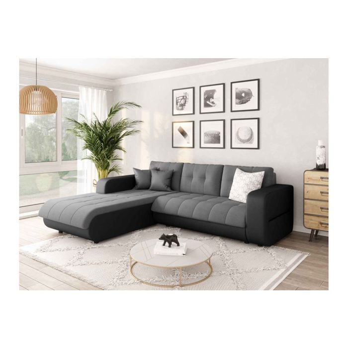 Canapé d'Angle SUZIE Convertible en Simili et Microfibre - Angle Gauche, Gris et Noir