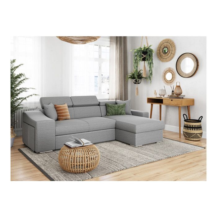 Produit similaire: Canapé d'Angle ELONA Convertible en tissu gris clair avec poufs de rangement à gauche