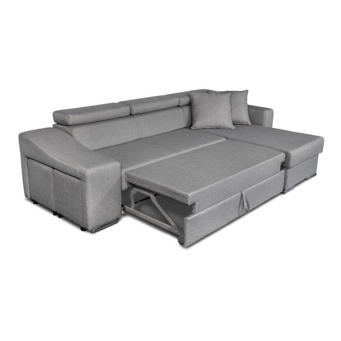 Canapé d'Angle ELONA Convertible en tissu gris clair avec poufs de rangement à gauche - Vue supplémentaire 2