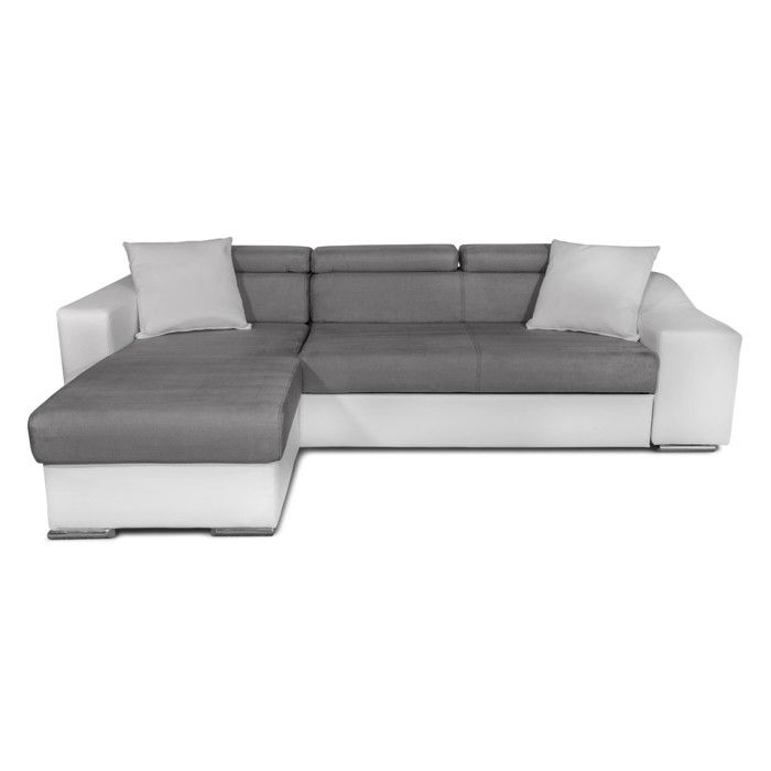 Canapé d'angle ELONA convertible bi-matière Blanc et Gris avec poufs de rangement à droite - L264 x P162 x H75cm - LOUNGITUDE - Vue supplémentaire 1