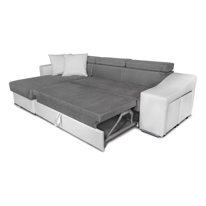 Canapé d'angle ELONA convertible bi-matière Blanc et Gris avec poufs de rangement à droite - L264 x P162 x H75cm - LOUNGITUDE - Vue supplémentaire 2