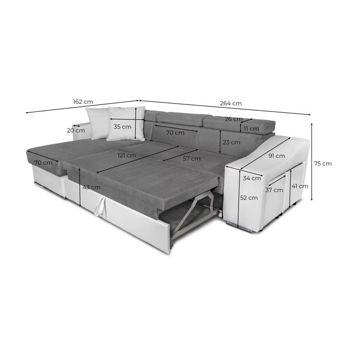 Canapé d'angle ELONA convertible bi-matière Blanc et Gris avec poufs de rangement à droite - L264 x P162 x H75cm - LOUNGITUDE - Vue supplémentaire 3