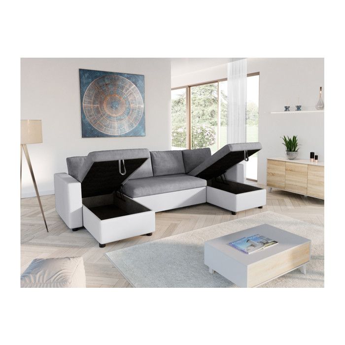 Canapé d'Angle Panoramique 6 Places MARIA Convertible en simili et microfibre - Blanc/Gris - L295 x P146 x H81cm - LOUNGITUDE - Vue supplémentaire 2