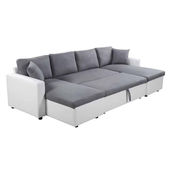 Canapé d'Angle Panoramique 6 Places MARIA Convertible en simili et microfibre - Blanc/Gris - L295 x P146 x H81cm - LOUNGITUDE - Vue supplémentaire 3