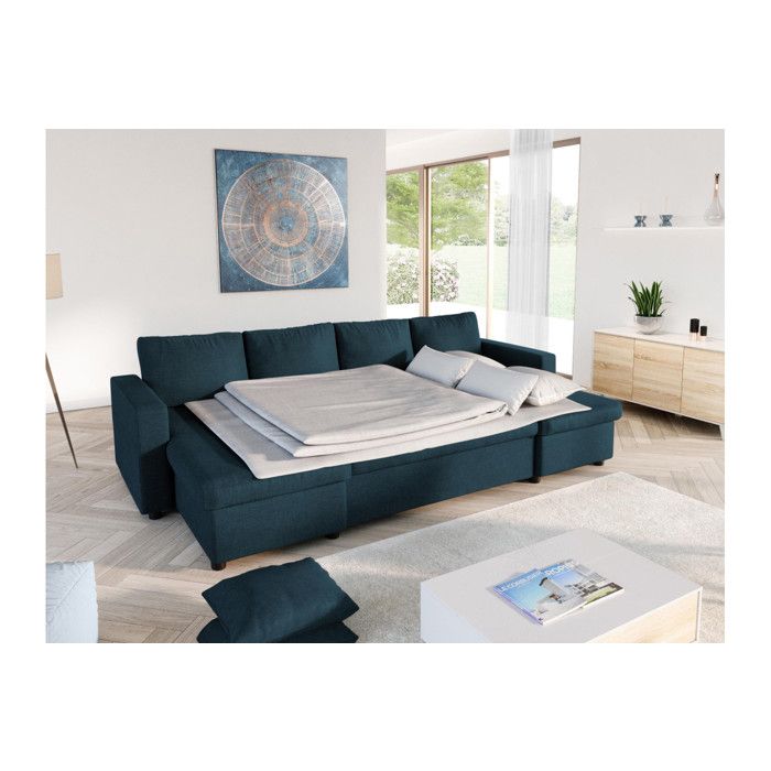 Canapé d'Angle Panoramique 6 Places MARIA Convertible Avec 2 Coffres en tissu - Bleu pétrole - L295 x P146 x H81cm - LOUNGITUDE - Vue supplémentaire 2