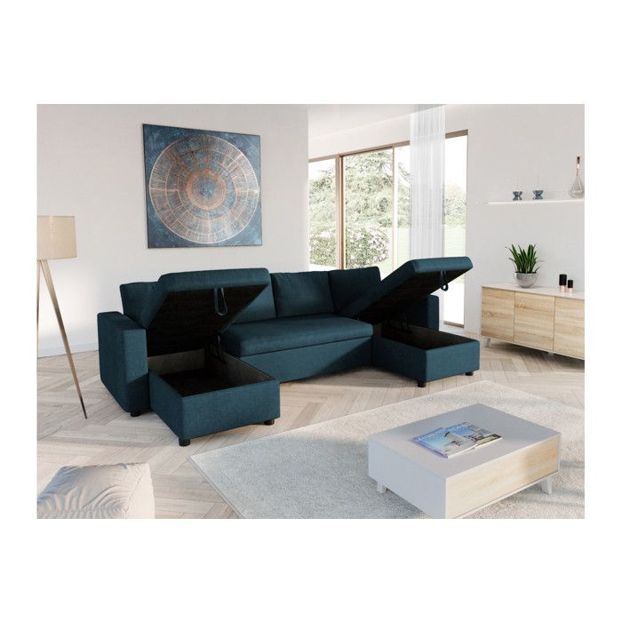 Canapé d'Angle Panoramique 6 Places MARIA Convertible Avec 2 Coffres en tissu - Bleu pétrole - L295 x P146 x H81cm - LOUNGITUDE - Vue supplémentaire 3