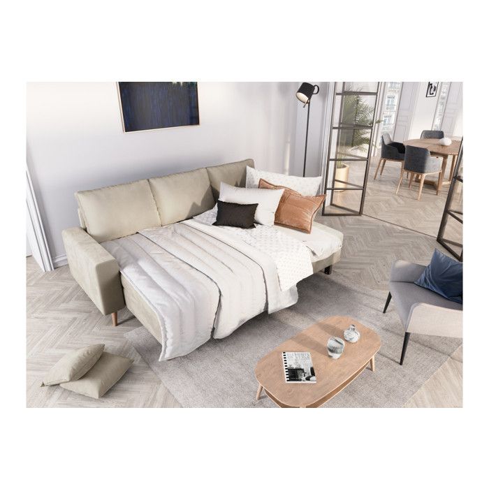 Canapé d'angle MARIA SCANDINAVE réversible et convertible avec coffre en velours - Grège - L227 x 148 x 95cm - LOUNGITUDE - Vue supplémentaire 2