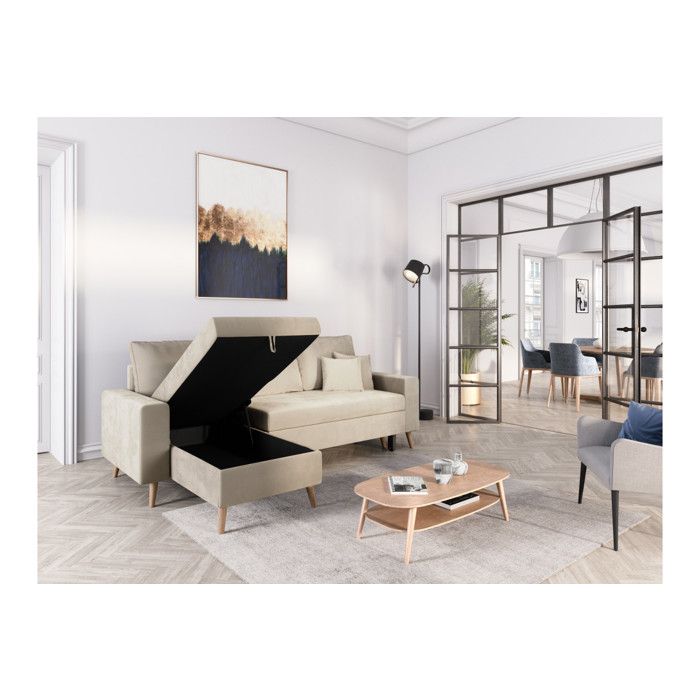Canapé d'angle MARIA SCANDINAVE réversible et convertible avec coffre en velours - Grège - L227 x 148 x 95cm - LOUNGITUDE - Vue supplémentaire 3