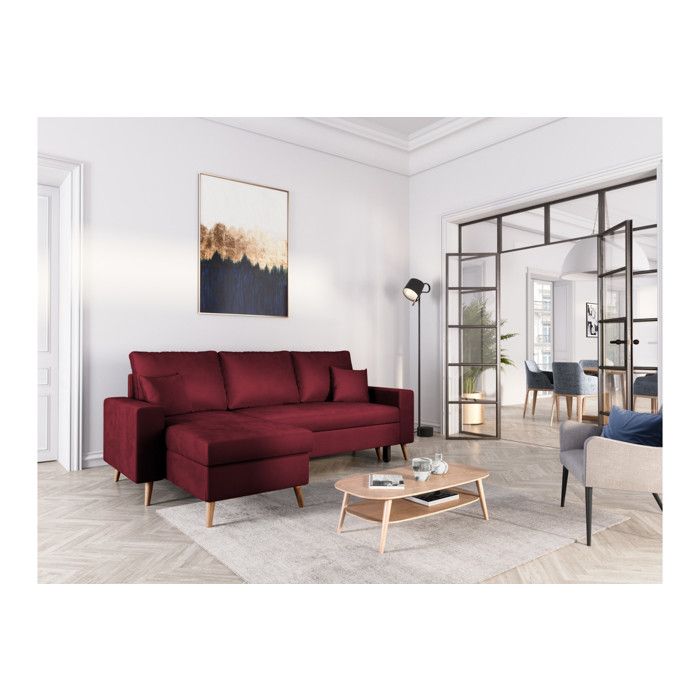 Canapé d'angle MARIA SCANDINAVE réversible et convertible avec coffre en velours - Bordeaux - L227 x 148 x 95cm - LOUNGITUDE