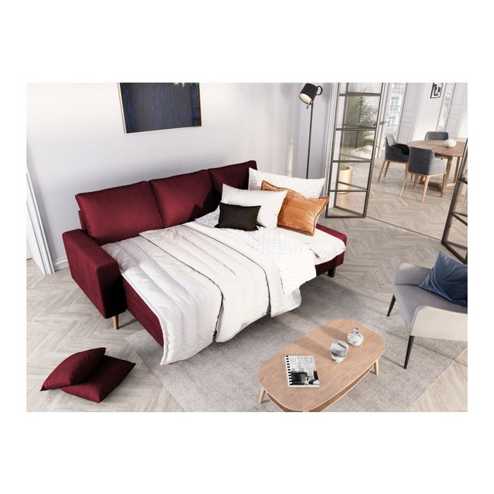 Canapé d'angle MARIA SCANDINAVE réversible et convertible avec coffre en velours - Bordeaux - L227 x 148 x 95cm - LOUNGITUDE - Vue supplémentaire 2