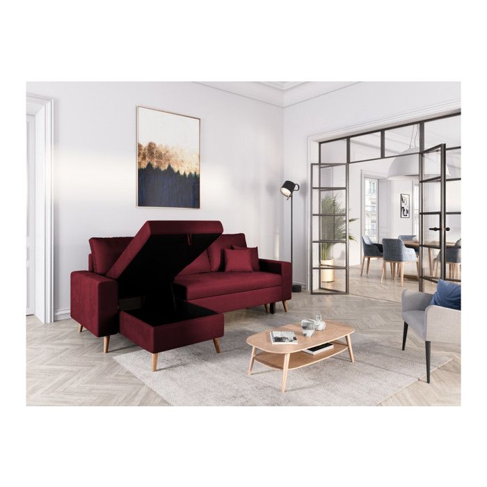 Canapé d'angle MARIA SCANDINAVE réversible et convertible avec coffre en velours - Bordeaux - L227 x 148 x 95cm - LOUNGITUDE - Vue supplémentaire 3