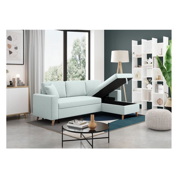 Canapé d'Angle MARIA SCANDINAVE Réversible et Convertible Avec Coffre en Tissu - Bleu clair - L227 x 148 x 95cm - LOUNGITUDE - Vue supplémentaire 3