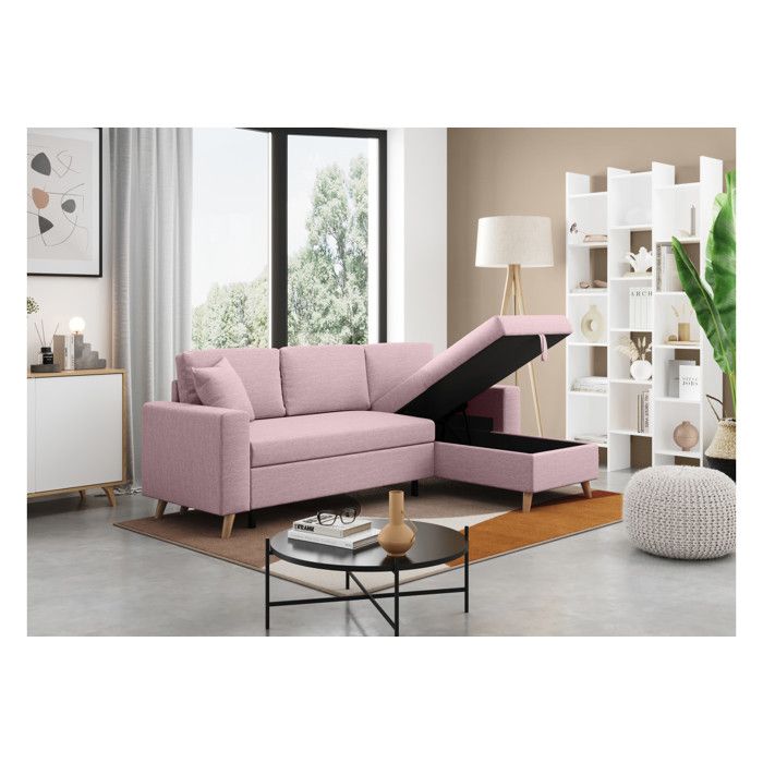 Canapé d'Angle MARIA SCANDINAVE Réversible et Convertible Avec Coffre en Tissu - Vieux rose - L227 x 148 x 95cm - LOUNGITUDE - Vue supplémentaire 2