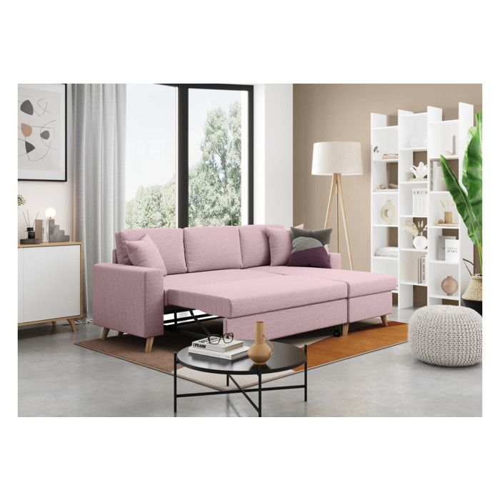 Canapé d'Angle MARIA SCANDINAVE Réversible et Convertible Avec Coffre en Tissu - Vieux rose - L227 x 148 x 95cm - LOUNGITUDE - Vue supplémentaire 3