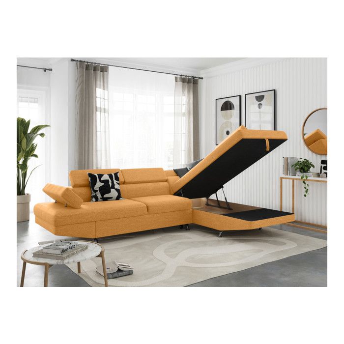 Canapé d'angle droit 5 places RIO Convertible avec coffre en tissu - Jaune ocre - L271 x P192 x H70cm - LOUNGITUDE - Vue supplémentaire 2