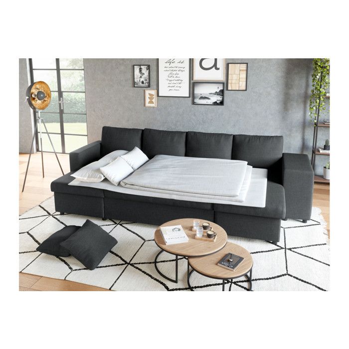 Canapé d'angle panoramique OSLO convertible avec coffres et poufs à droite - Tissu - Gris foncé - L311 x P146 x H81cm - LOUNGITUDE - Vue supplémentaire 2