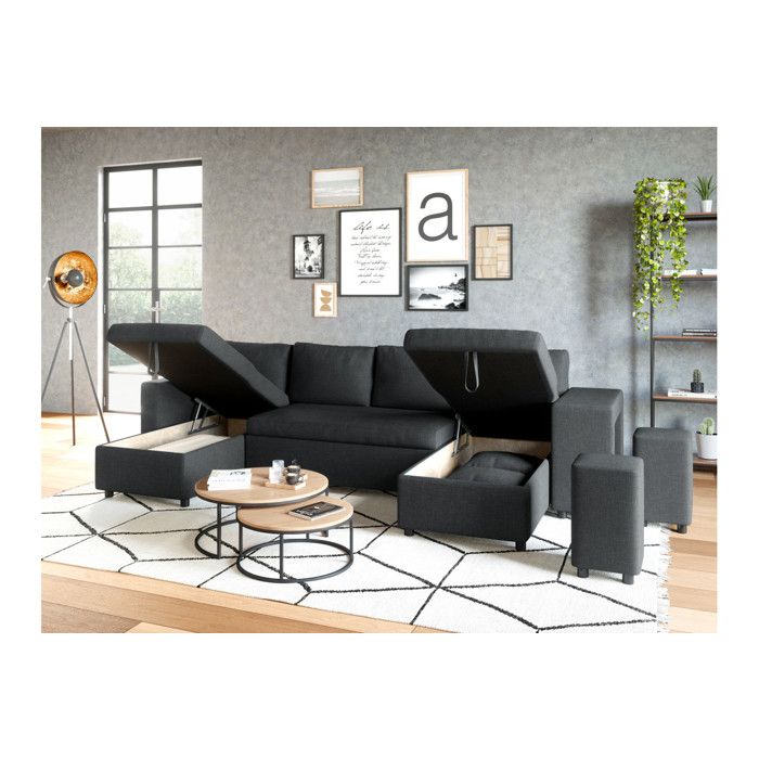 Canapé d'angle panoramique OSLO convertible avec coffres et poufs à droite - Tissu - Gris foncé - L311 x P146 x H81cm - LOUNGITUDE - Vue supplémentaire 3