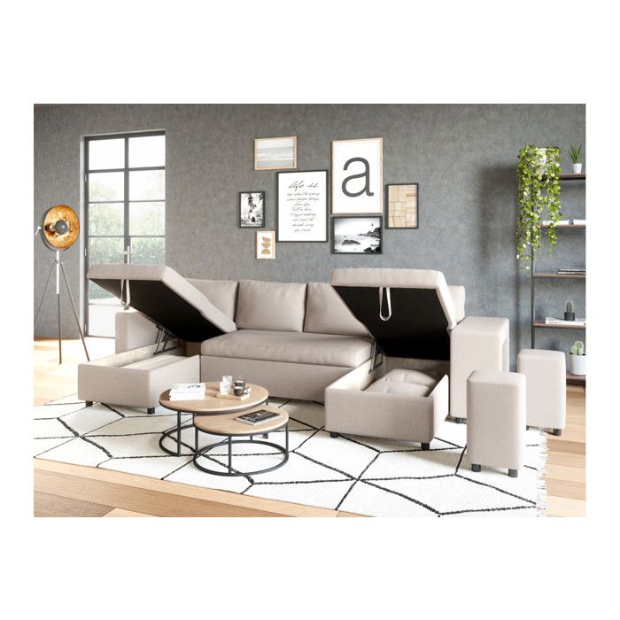 Canapé d'angle panoramique OSLO convertible avec coffres et poufs à droite - Tissu - Beige - L311 x P146 x H81cm - LOUNGITUDE - Vue supplémentaire 2