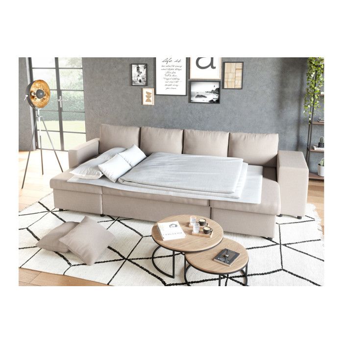 Canapé d'angle panoramique OSLO convertible avec coffres et poufs à droite - Tissu - Beige - L311 x P146 x H81cm - LOUNGITUDE - Vue supplémentaire 3