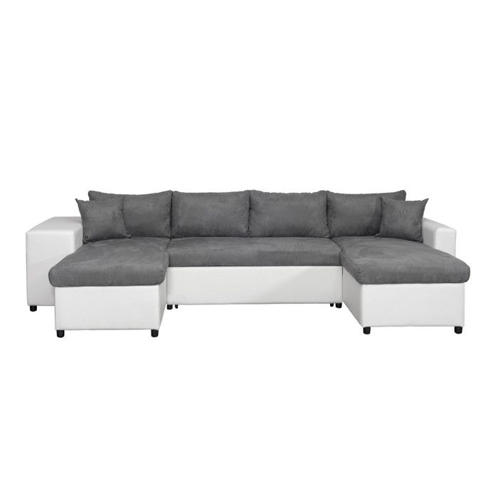Canapé panoramique OSLO convertible avec coffres, poufs à gauche - Simili/Microfibre - Blanc/Gris - L311 x P146 x H81cm - LOUNGITUDE - Vue supplémentaire 1