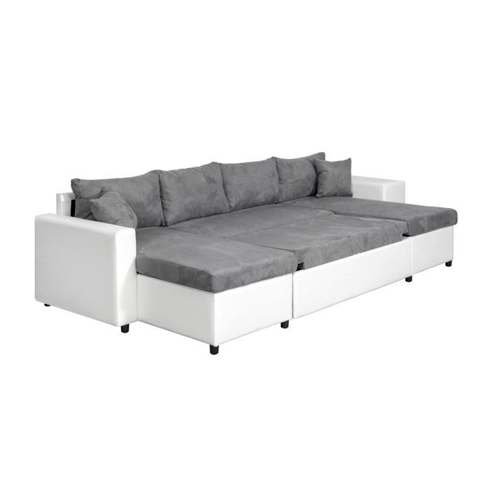 Canapé panoramique OSLO convertible avec coffres, poufs à gauche - Simili/Microfibre - Blanc/Gris - L311 x P146 x H81cm - LOUNGITUDE - Vue supplémentaire 2