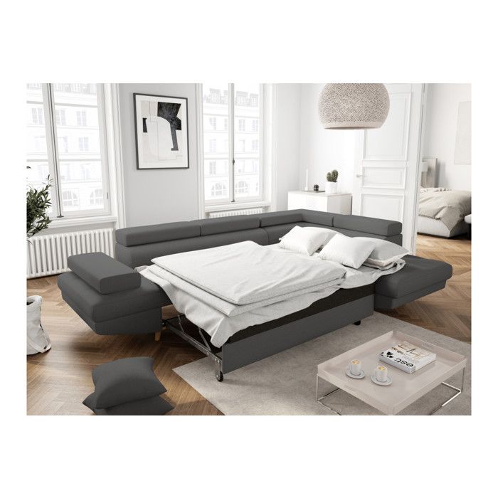 Canapé d'angle droit convertible RIO Scandinave avec coffre en tissu - Gris foncé, Pieds bois - L271 x P192 x H70cm - LOUNGITUDE - Vue supplémentaire 2