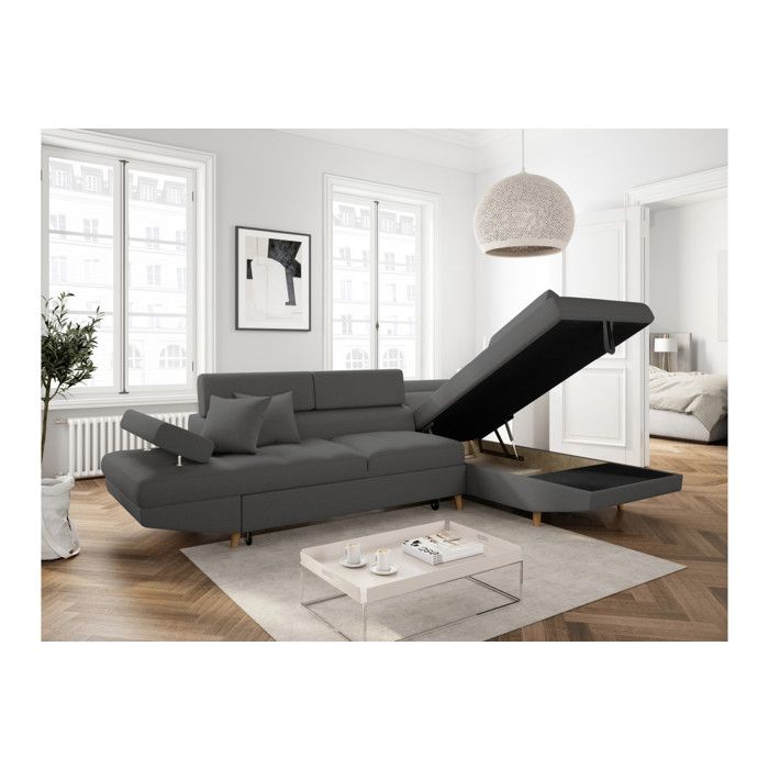 Canapé d'angle droit convertible RIO Scandinave avec coffre en tissu - Gris foncé, Pieds bois - L271 x P192 x H70cm - LOUNGITUDE - Vue supplémentaire 3
