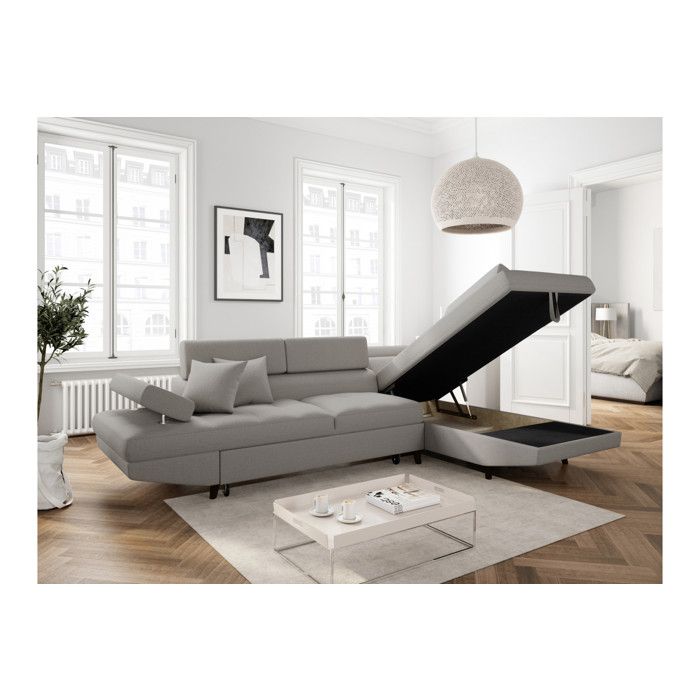 Canapé d'angle droit convertible RIO Scandinave avec coffre en tissu - Gris clair, Pieds noir - L271 x P192 x H70cm - LOUNGITUDE - Vue supplémentaire 2