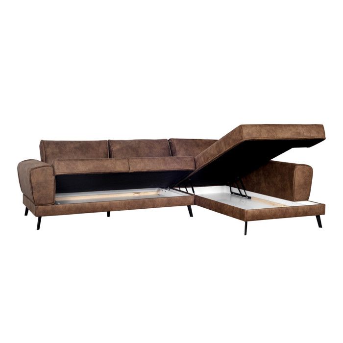 Canapé d'angle droit INDIA 4 places convertible 2 coffres en tissu marron industriel - Marron - L304 x 212 x 86cm - LOUNGITUDE - Vue supplémentaire 3