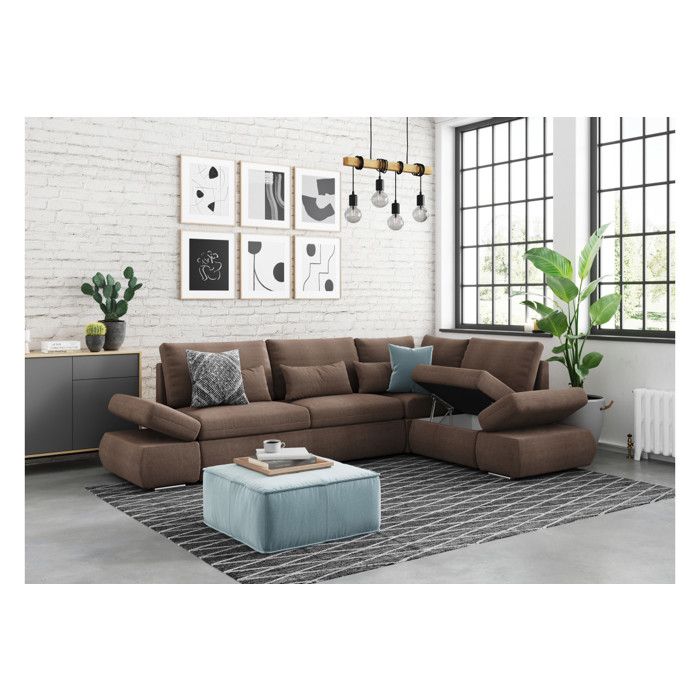 Canapé d'angle SEBASTIAN Réversible et Convertible avec coffre en tissu - Marron - L267 x P200 x H90cm - LOUNGITUDE