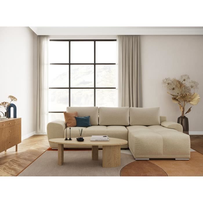 Produit similaire: Canapé d'angle droit 4 places convertible CASSANDRA avec coffre en tissu - Beige - L270 x P181 x H89cm - LOUNGITUDE