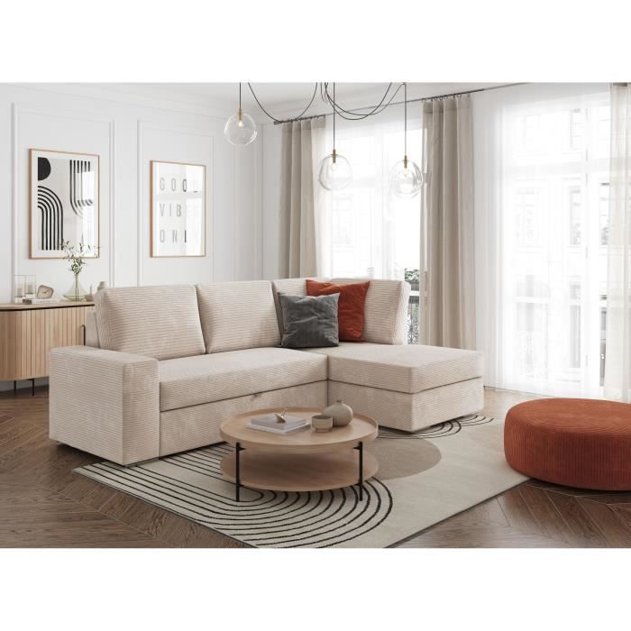 Canapé d'angle droit 3 places convertible ADEN avec coffre en velours côtelé - Beige - L246 x P174 x H96cm - LOUNGITUDE
