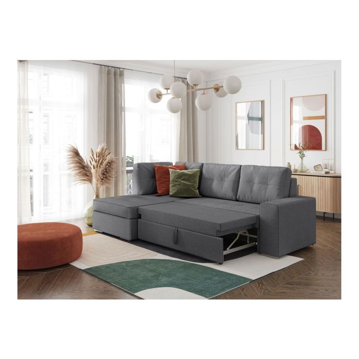 Canapé d'angle gauche 3 places convertible ADEN avec coffre en tissu - Gris - L246 x P174 x H96cm - LOUNGITUDE - Vue supplémentaire 3