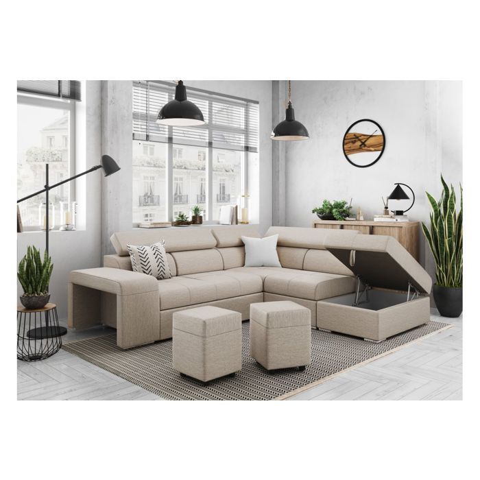 Canapé d'angle droit 3 places SOAN convertible en tissu - Beige - L262 x P220 x H76cm - LOUNGITUDE - Vue supplémentaire 2