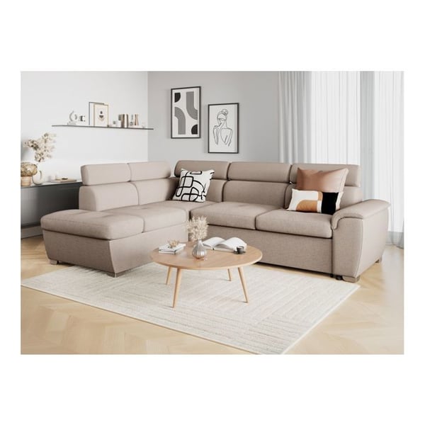 Canapé d'angle gauche convertible PAOLA 4 places avec coffre en tissu - Beige - L261 x P198 x H80cm - LOUNGITUDE