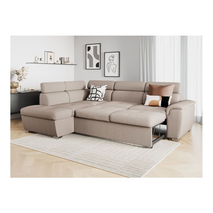 Canapé d'angle gauche convertible PAOLA 4 places avec coffre en tissu - Beige - L261 x P198 x H80cm - LOUNGITUDE - Vue supplémentaire 2