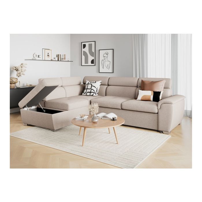 Canapé d'angle gauche convertible PAOLA 4 places avec coffre en tissu - Beige - L261 x P198 x H80cm - LOUNGITUDE - Vue supplémentaire 3
