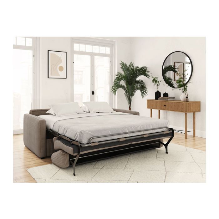 Canapé convertible express 3 places AGATHE 140x190cm en velours côtelé - Taupe - Matelas 13cm - L178 x P96 x H88cm - LOUNGITUDE - Vue supplémentaire 2