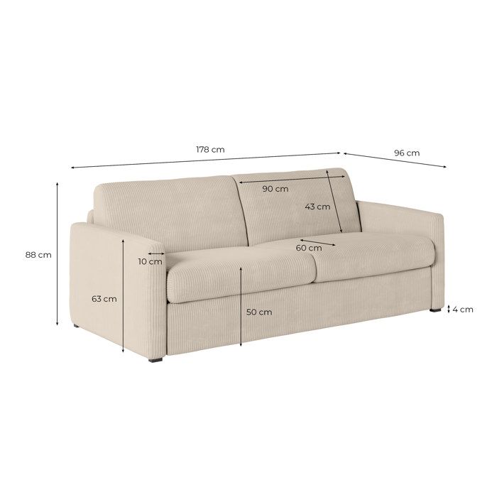 Canapé convertible express 3 places AGATHE 140x190cm en velours côtelé - Taupe - Matelas 13cm - L178 x P96 x H88cm - LOUNGITUDE - Vue supplémentaire 3