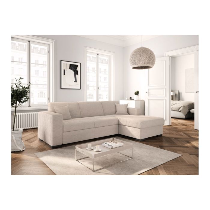 Canapé d'angle droit 4 places FUJI XL convertible avec coffre en velours côtelé - Beige - L262 x P157 x H83cm - LOUNGITUDE