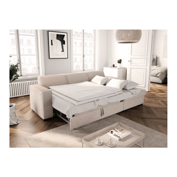 Canapé d'angle droit 4 places FUJI XL convertible avec coffre en velours côtelé - Beige - L262 x P157 x H83cm - LOUNGITUDE - Vue supplémentaire 2