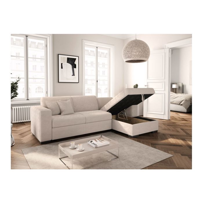 Canapé d'angle droit 4 places FUJI XL convertible avec coffre en velours côtelé - Beige - L262 x P157 x H83cm - LOUNGITUDE - Vue supplémentaire 3