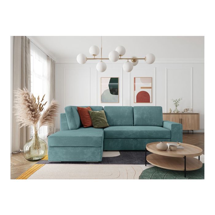 Canapé d'angle gauche 3 places convertible ADEN avec coffre en velours côtelé - Bleu clair - L246 x P174 x H96cm - LOUNGITUDE