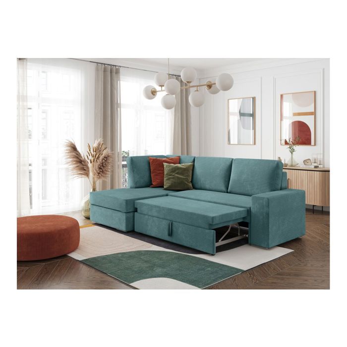 Canapé d'angle gauche 3 places convertible ADEN avec coffre en velours côtelé - Bleu clair - L246 x P174 x H96cm - LOUNGITUDE - Vue supplémentaire 1