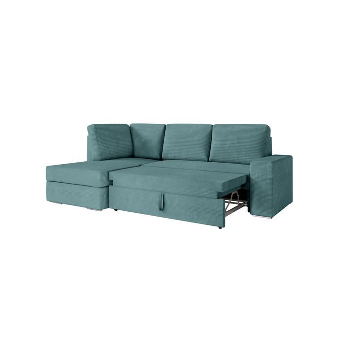Canapé d'angle gauche 3 places convertible ADEN avec coffre en velours côtelé - Bleu clair - L246 x P174 x H96cm - LOUNGITUDE - Vue supplémentaire 2