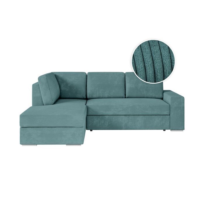 Canapé d'angle gauche 3 places convertible ADEN avec coffre en velours côtelé - Bleu clair - L246 x P174 x H96cm - LOUNGITUDE - Vue supplémentaire 3
