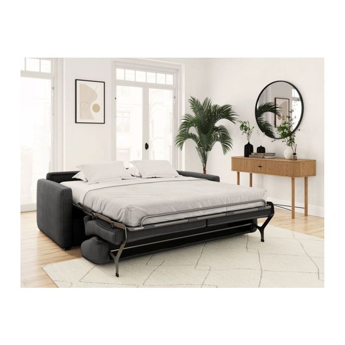 Canapé convertible express 3 places AGATHE 140x190cm en velours côtelé - Gris foncé - Matelas 13cm - L178 x P96 x H88cm - LOUNGITUDE - Vue supplémentaire 2